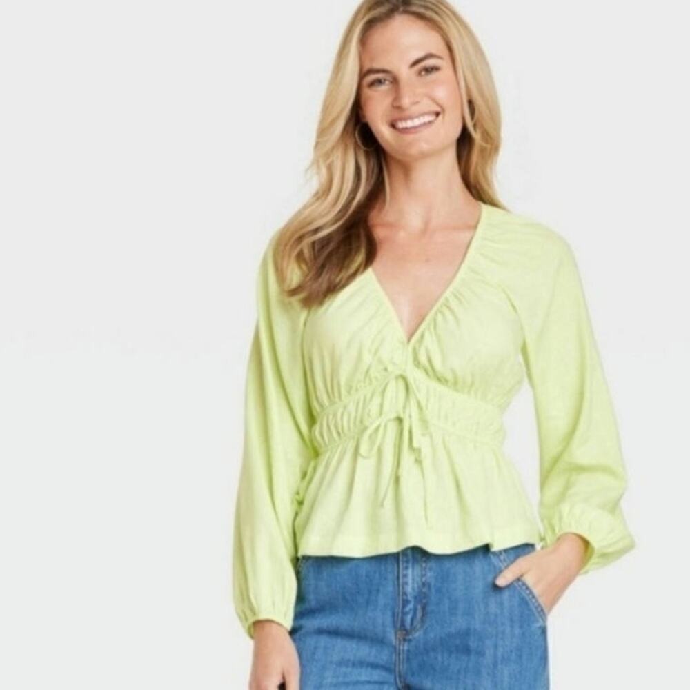 Universal thread Green Linen Blend Puff Long Sleeve Flowy Tie Top‎ Size Large
